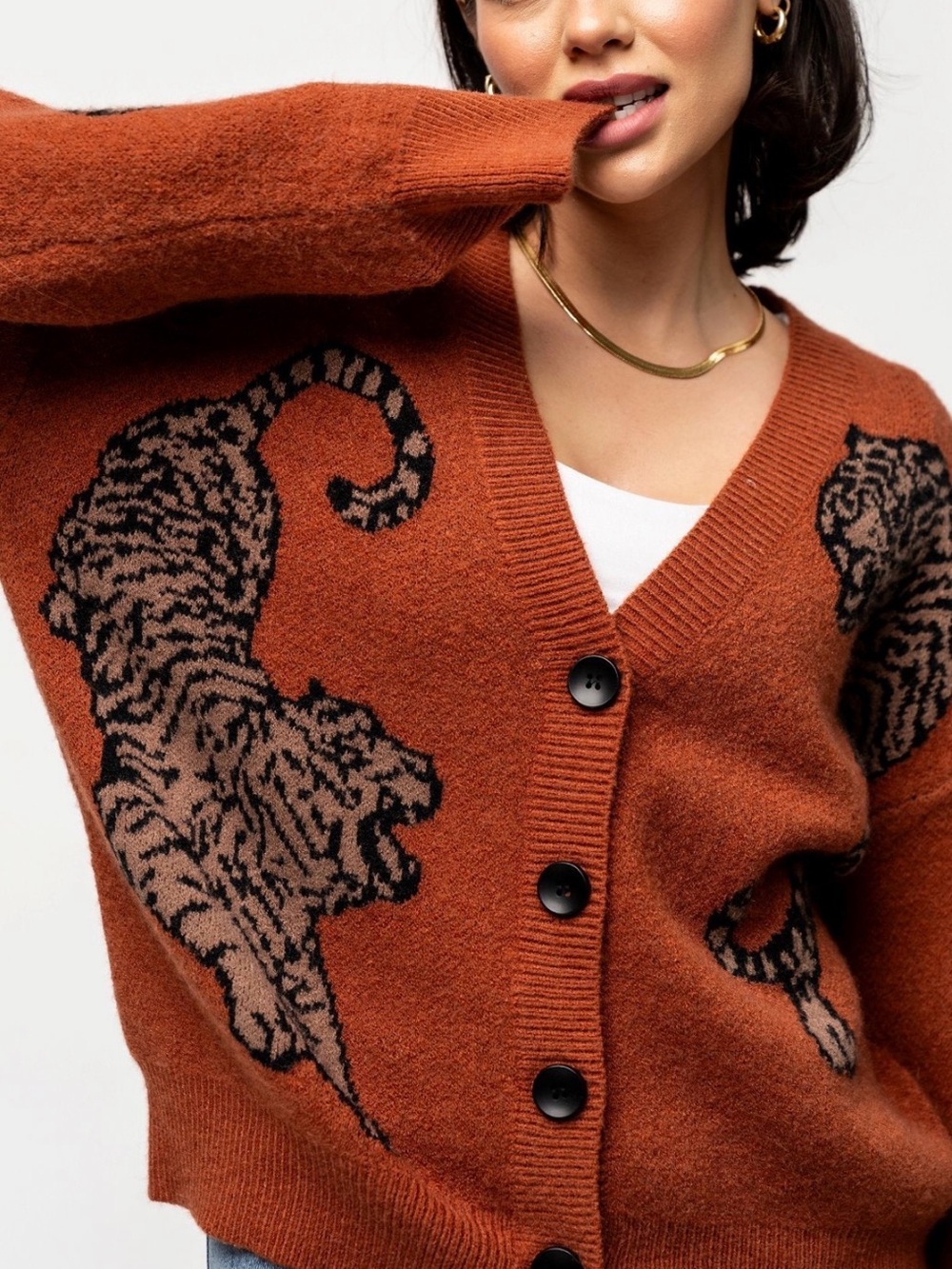Rust Tiger Intarsia V-Neck Cardigan Sweater